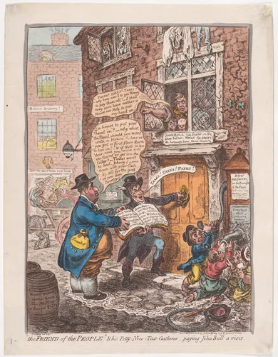 "The Friend of the People" & his Petty New Tax Gatherer, Paying John Bull a Visit by James Gillray, print, 1806