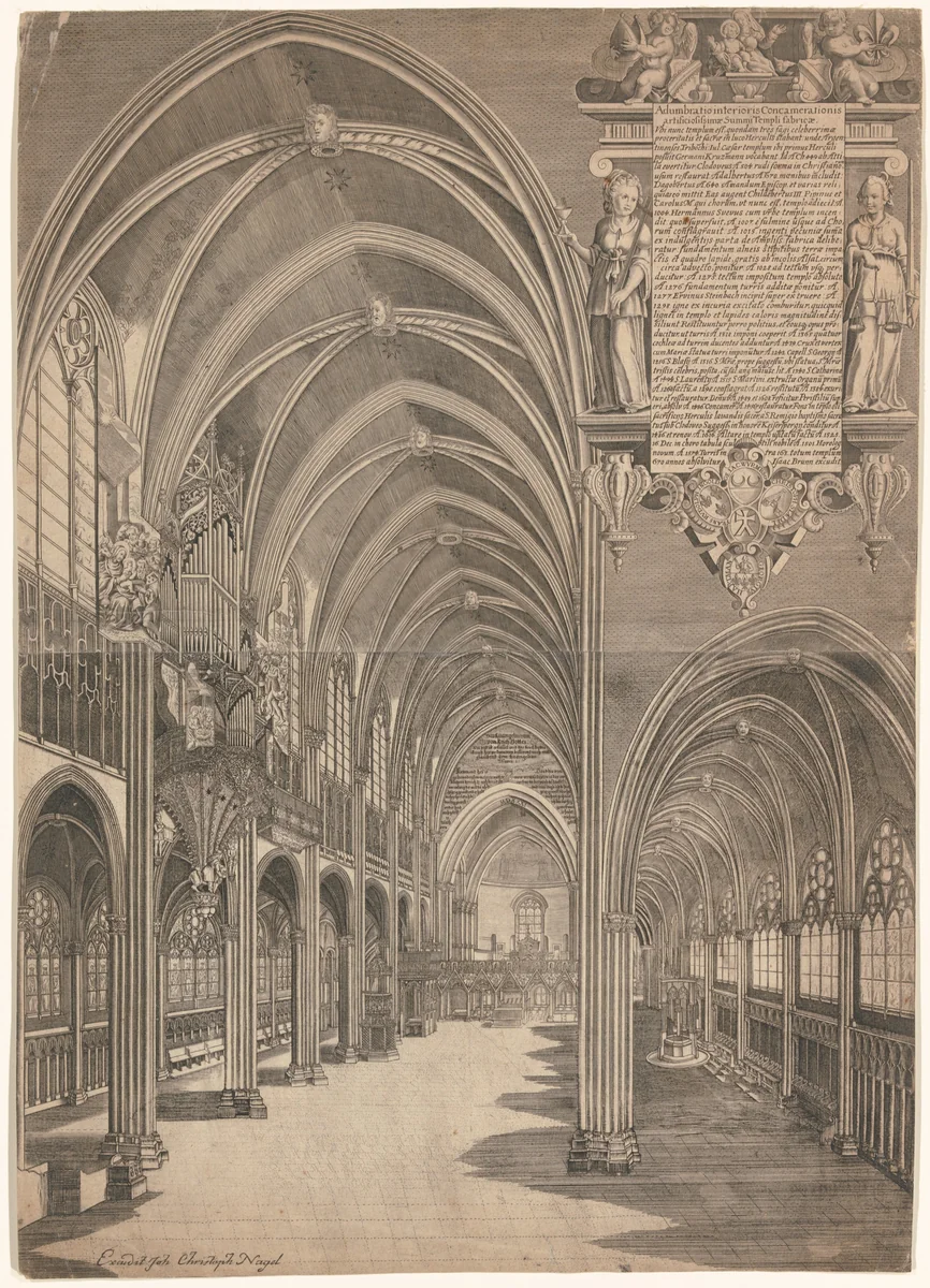 Interior View of Strasbourg Cathedral by Isaak Brun, print, 1617