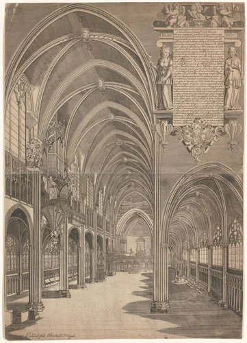 Interior View of Strasbourg Cathedral by Isaak Brun, print, 1617