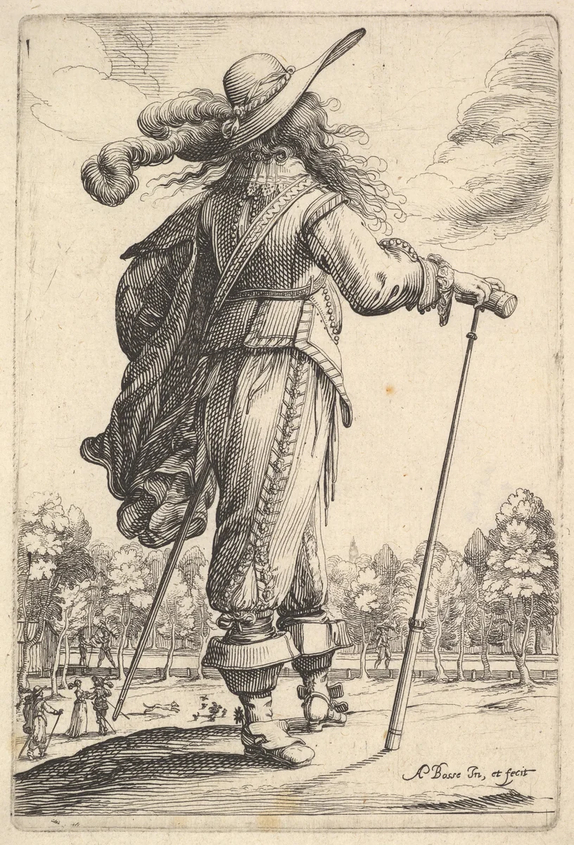 A gentleman, seen from behind, walking towards the right with a cane and wearing a plumed hat, from "The Garden of the French Nobles In Which One Can Pick Up Their Way of Dressing" by Abraham Bosse, print, 1629