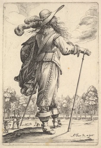 A gentleman, seen from behind, walking towards the right with a cane and wearing a plumed hat, from "The Garden of the French Nobles In Which One Can Pick Up Their Way of Dressing" by Abraham Bosse, print, 1629