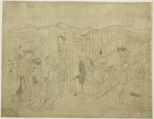 Key block print for The Introduction (Miai), the first sheet from the series "Marriage in Brocade Prints, the Carriage of the Virtuous Woman (Konrei nishiki misao-guruma)" by Suzuki Harunobu (鈴木春信), print, 1764-1770