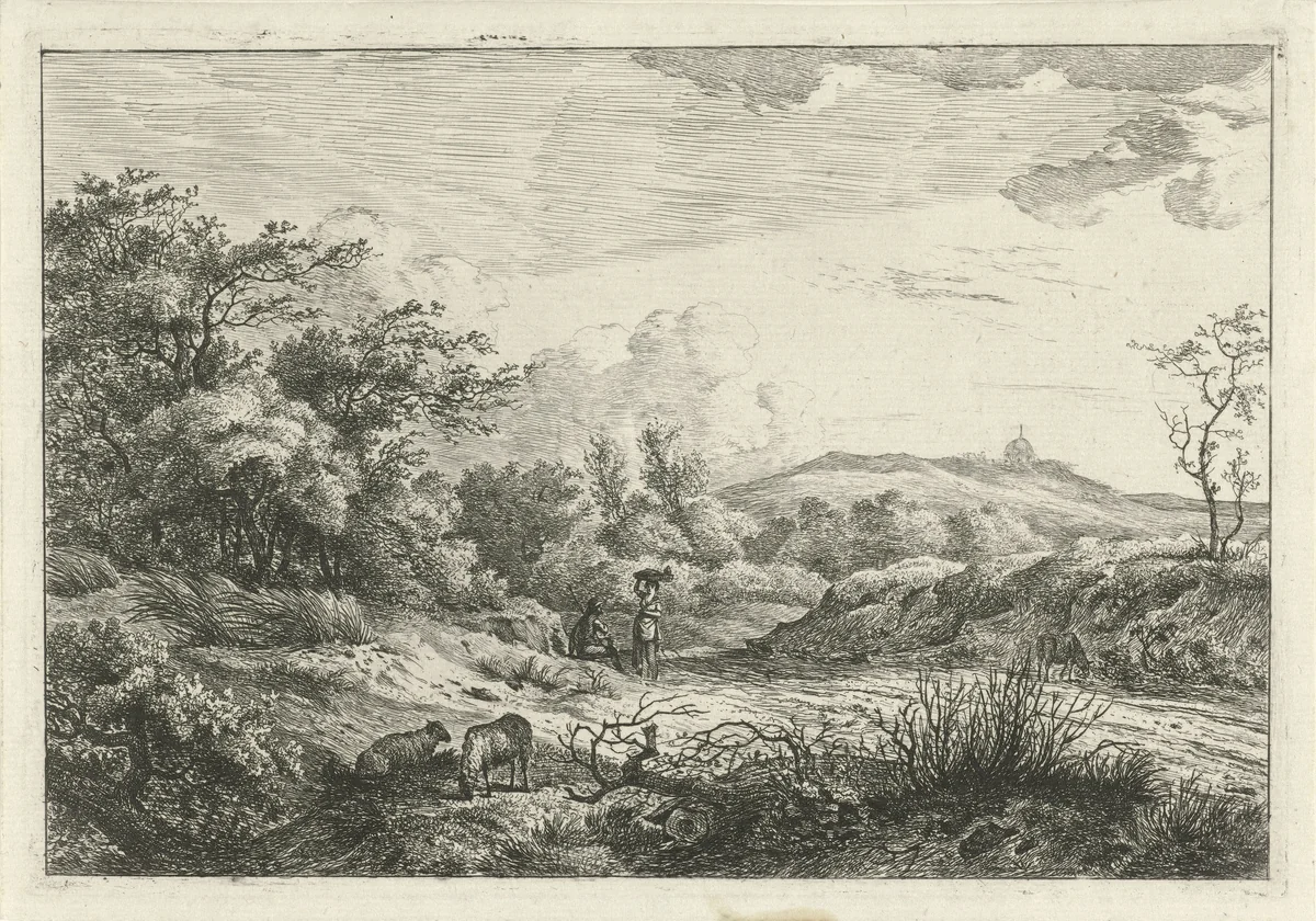 Landschap met herder en vrouw by Hermanus Fock, print, 1781-1822