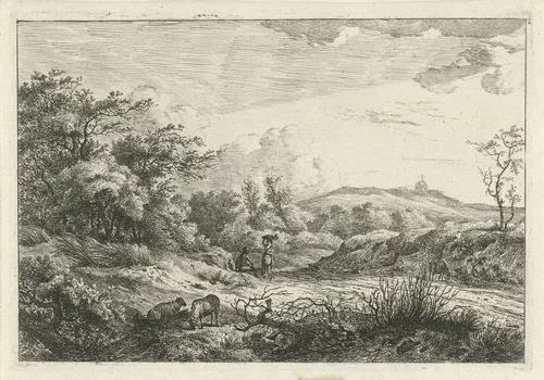 Landschap met herder en vrouw by Hermanus Fock, print, 1781-1822