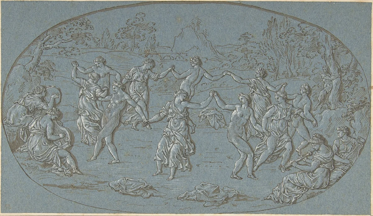 Dancing Nymphs in a Glade by Bernard Picart, drawing, 1693-1733