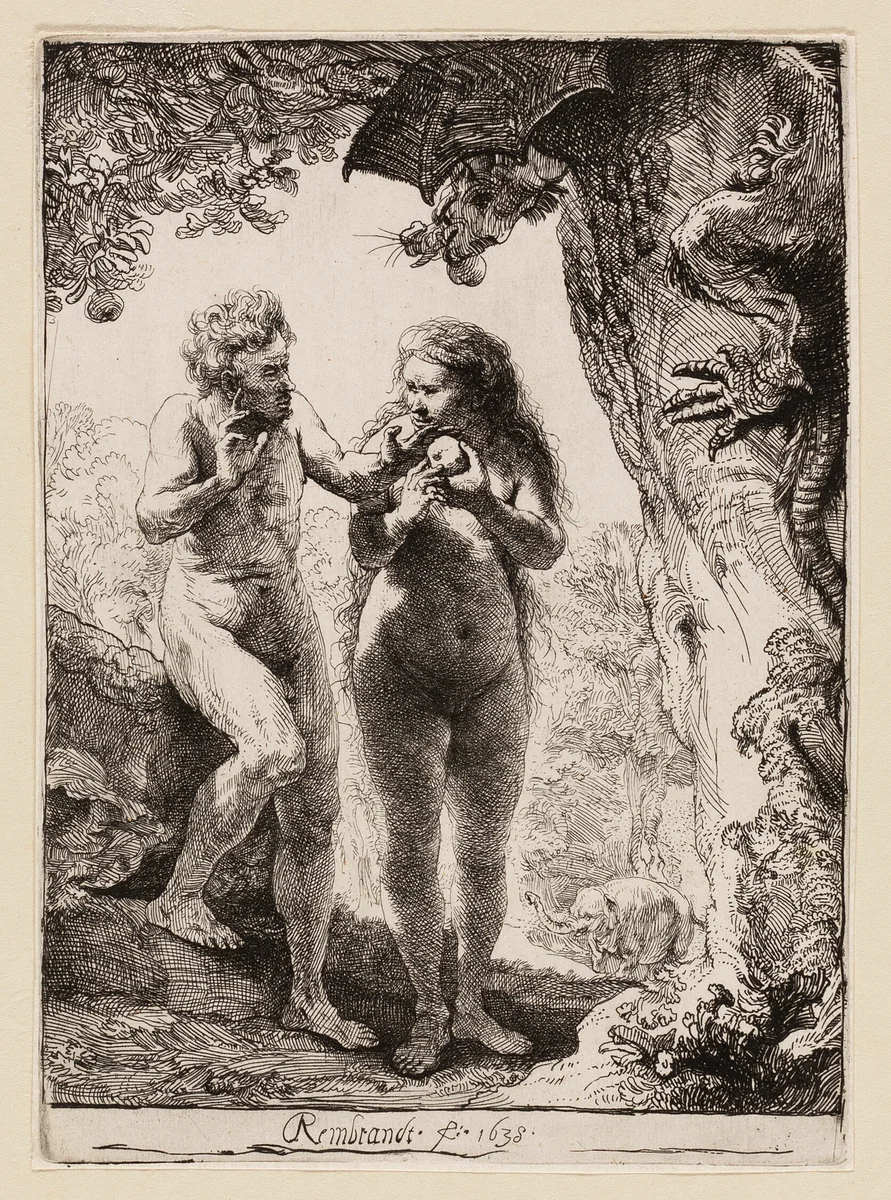 Adam and Eve by Rembrandt van Rijn, print, 1638
