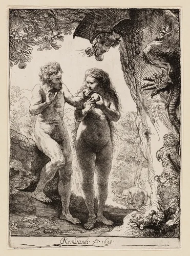 Adam and Eve by Rembrandt van Rijn, print, 1638