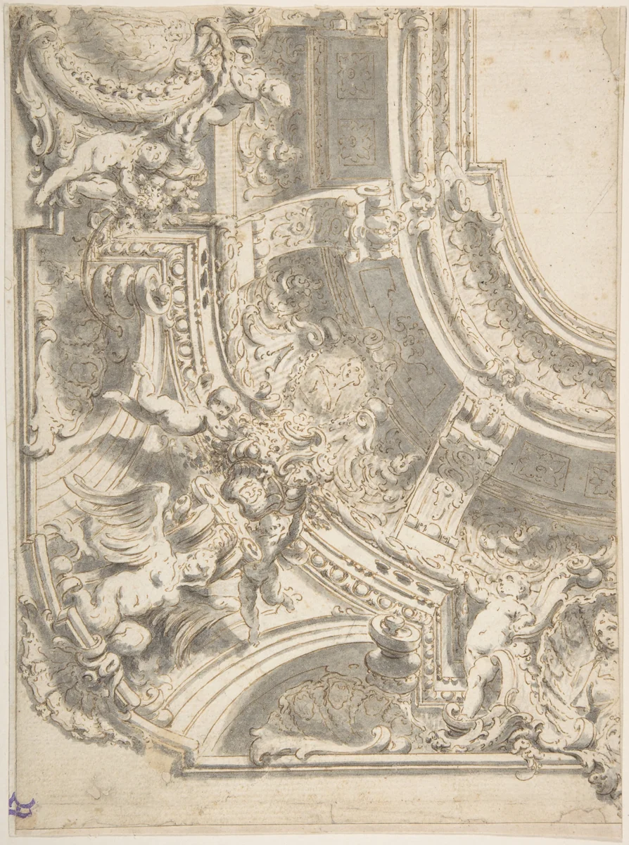 Design for a Decorated Ceiling with Statues and Stucco by Vittorio Maria Bigari, drawing, 1705-1776