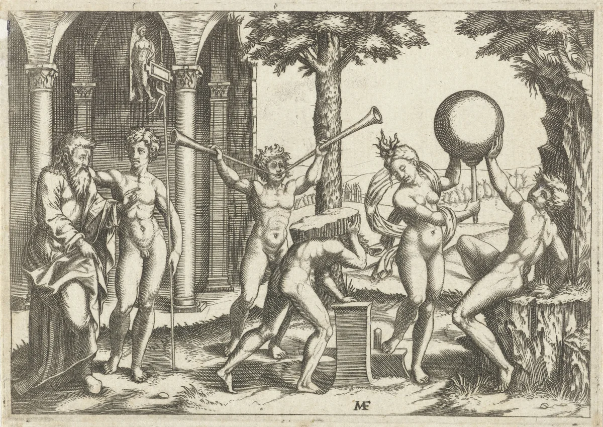 Man met twee trompetten en man met steen op zijn rug geflankeerd door man en vrouw met globe en oude en jonge man by anonymous, print, 1510-1575