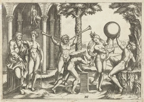 Man met twee trompetten en man met steen op zijn rug geflankeerd door man en vrouw met globe en oude en jonge man by anonymous, print, 1510-1575