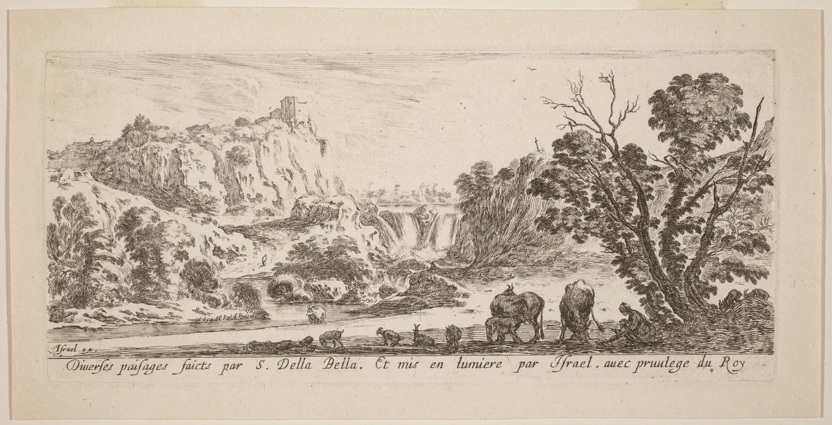 Landscape with Waterfall by Stefano della Bella, print, 1641