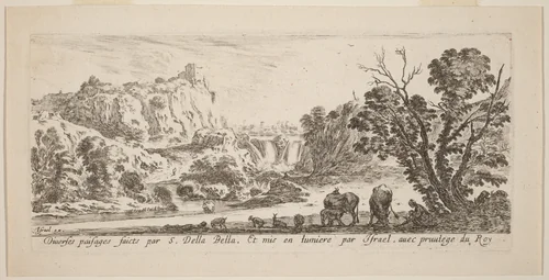 Landscape with Waterfall by Stefano della Bella, print, 1641