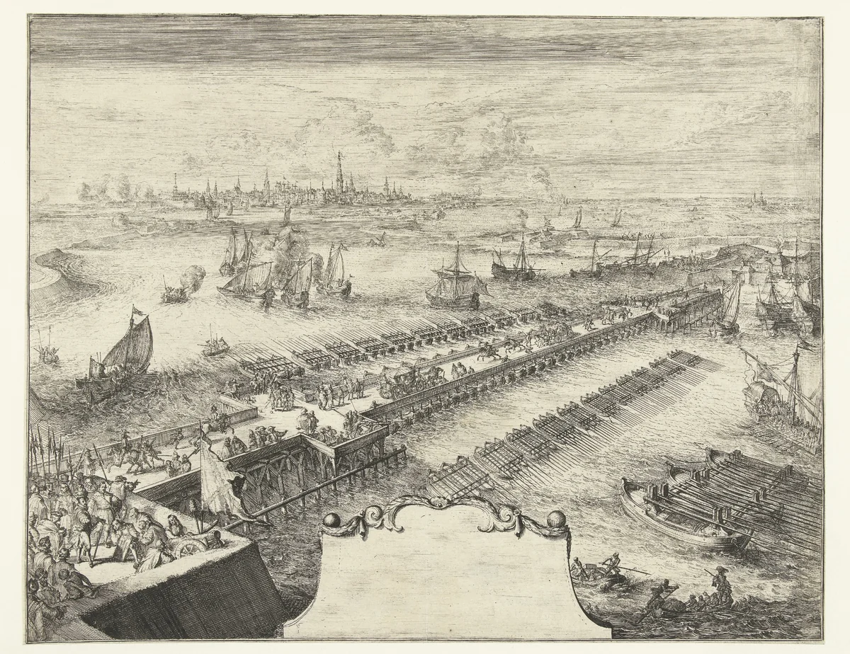 Schipbrug van Parma over de Schelde, 1585 by Romeyn de Hooghe, print, 1670-1699