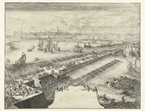 Schipbrug van Parma over de Schelde, 1585 by Romeyn de Hooghe, print, 1670-1699