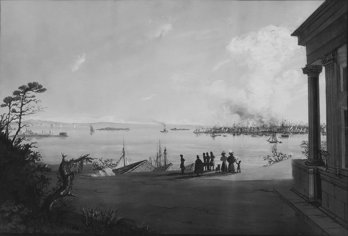View of the City of New York and Governors Island Taken from Brooklyn Heights on the Morning after the Conflagration by Nicolino Calyo, artwork, 1799-1884