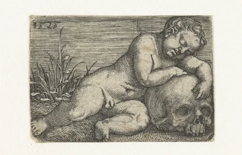 Slapend kind liggend op een schedel by Barthel Beham, print, 1525