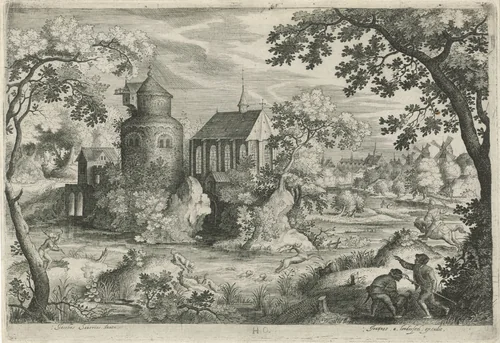 Hertenjacht bij een kapel by Jan van Londerseel, print, 1602-1625