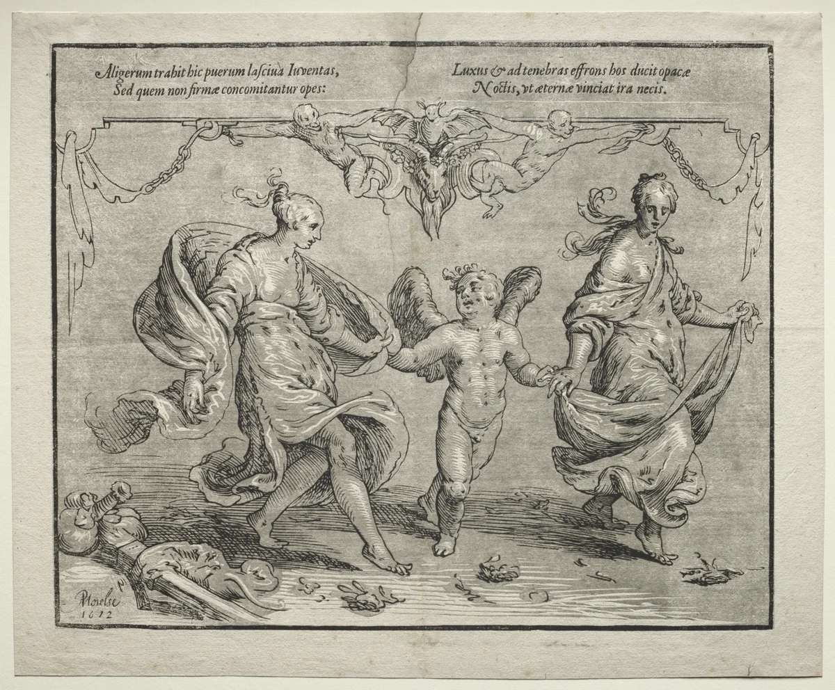 Cupid dancing with two allegorical women by Paulus Moreelse, print, 1612