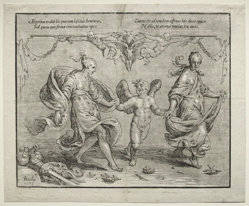 Cupid dancing with two allegorical women by Paulus Moreelse, print, 1612