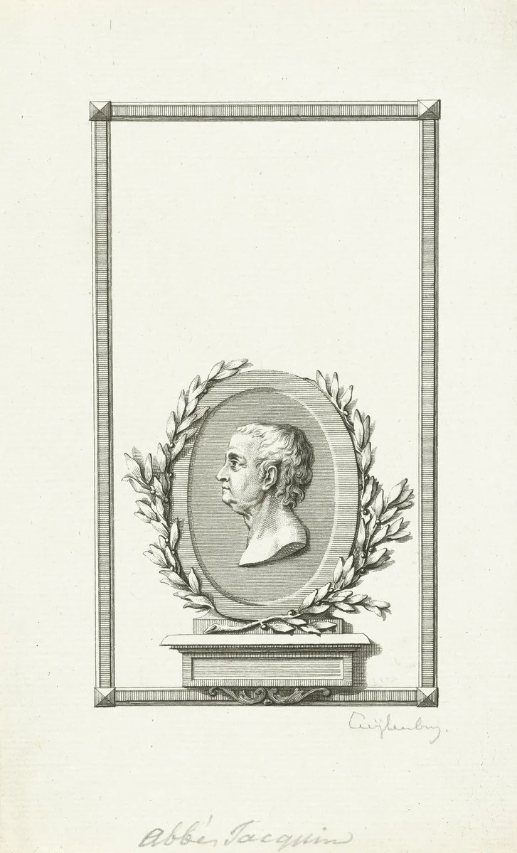 Portret van Abbé Jacquin in ovaal met olijftakken by Cornelis van Cuylenburgh, print, 1768-1827