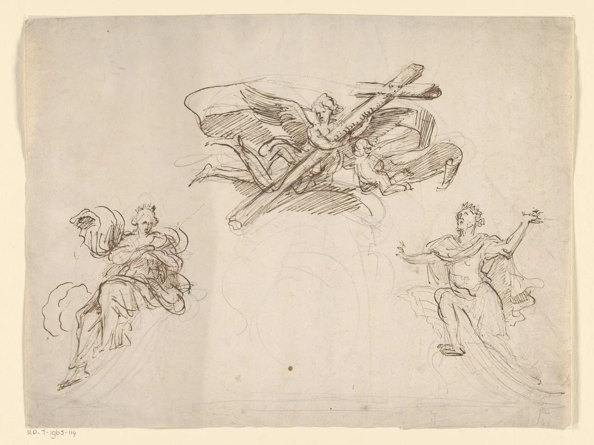 Engel, putto en vorsten by anonymous, drawing, 1600-1800