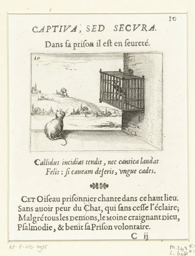 Kat en gekooide vogel by Jacques Callot, print, 1621-1635