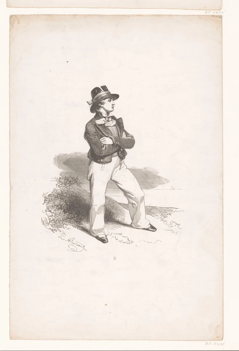 Staande jongeman met de armen over elkaar by Henry Brown, print, 1841