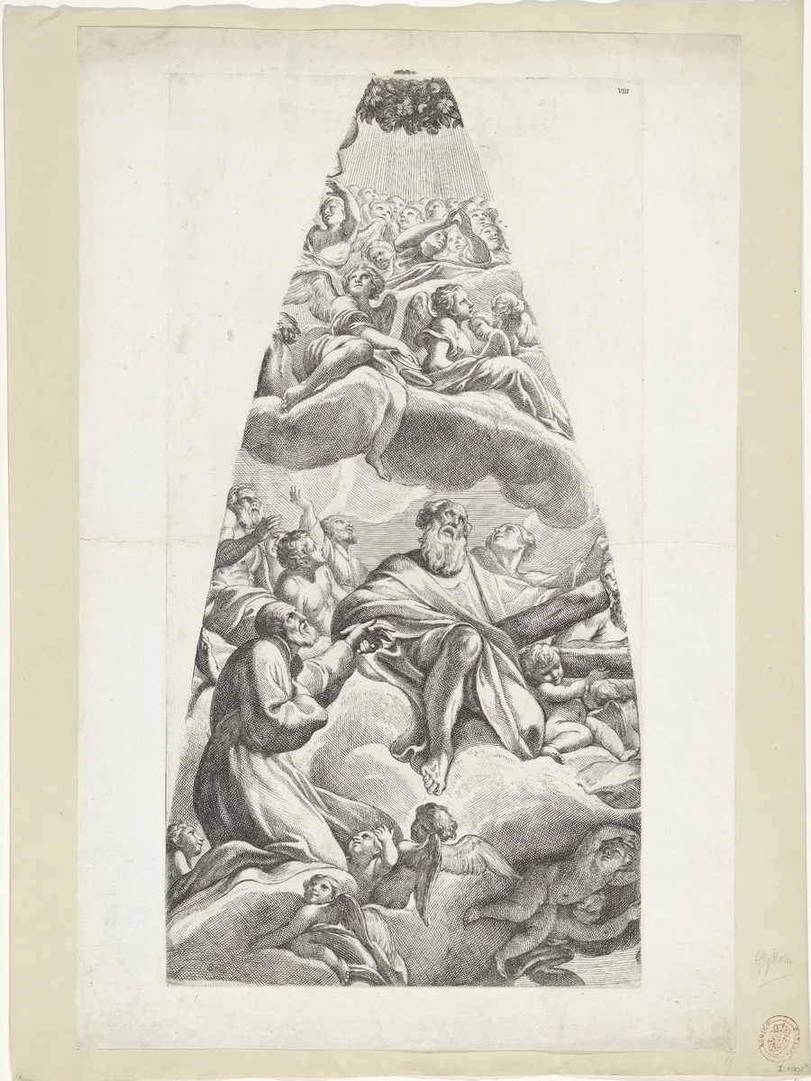 De heilige Andreas Avellinus en een geknielde heilige gezeten op een wolk by Carlo Cesio, print, 1636-1686