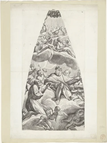 De heilige Andreas Avellinus en een geknielde heilige gezeten op een wolk by Carlo Cesio, print, 1636-1686