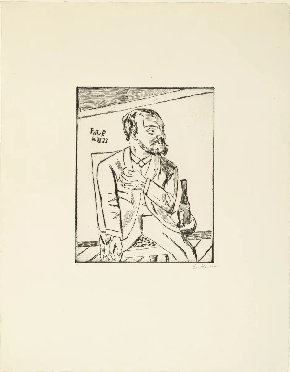 Portrait of Fritz P./Self-Portrait with Beard (Bildnis Fritz P./Selbstbildnis mit Bart) by Max Beckmann, print, 1923