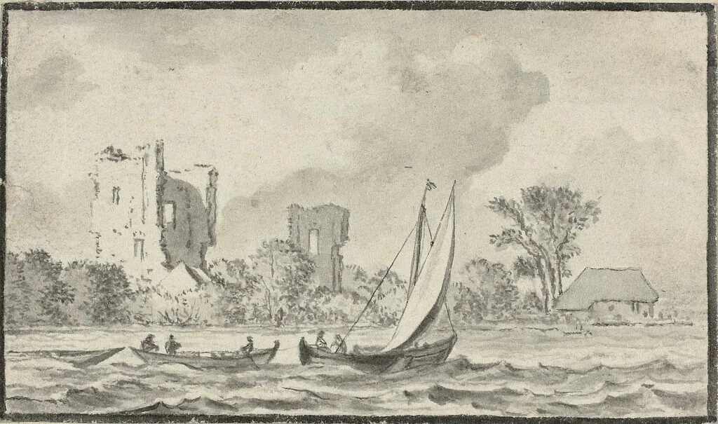 Three Boats on a River with Ruins Along the Shore by Allart van Everdingen, drawing, 1641-1675