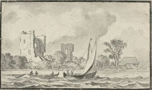 Three Boats on a River with Ruins Along the Shore by Allart van Everdingen, drawing, 1641-1675