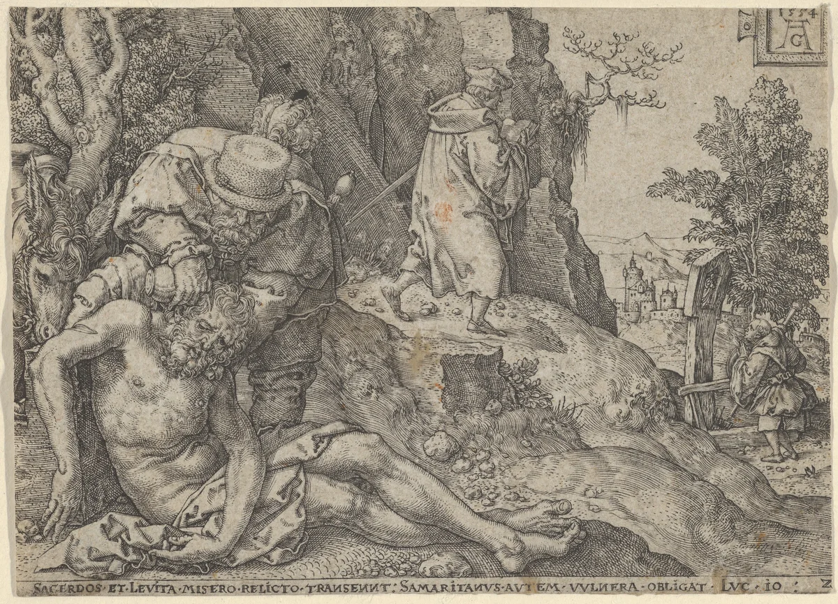 The Good Samaritan Tending the Traveller's Wounds with Oil and Wine or The Priest and the Levite Passing, from "The Parable of the Good Samaritan" by Heinrich Aldegrever, print, 1554