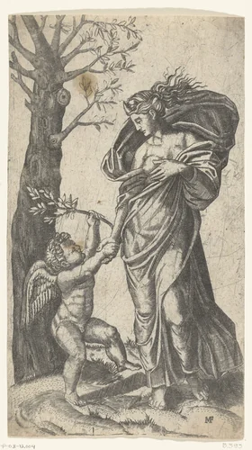 Verzoening van Minerva en Cupido by anonymous, print, 1515-1570