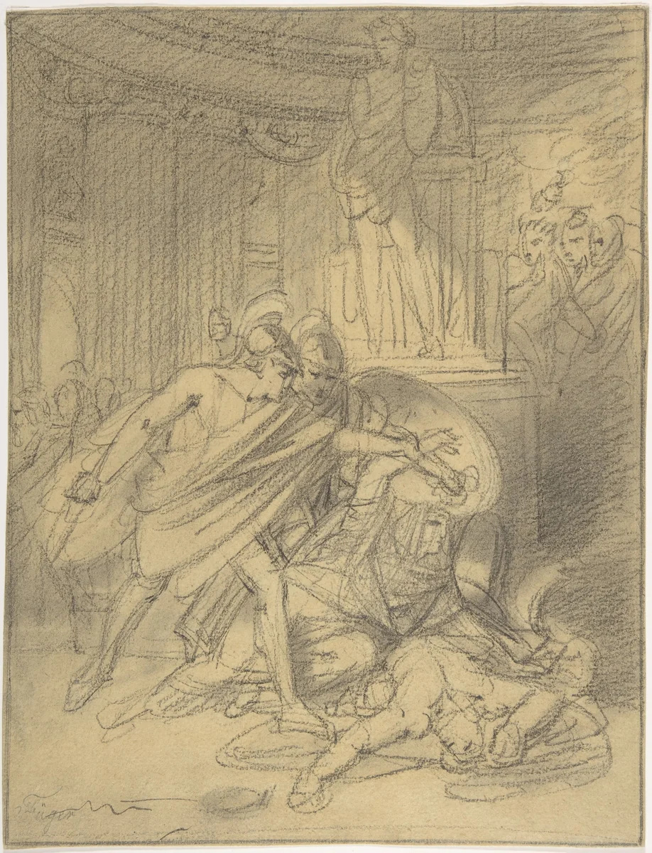 Two Warriors in Classical Costume Bending over Two Figures by Heinrich Friedrich Füger, drawing, 1765-1818