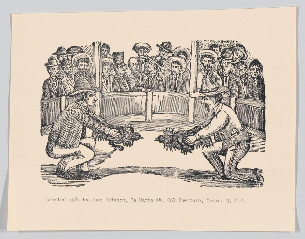 Two men in an arena holding cocks in preparation for a fight, spectators around the perimeter by José Guadalupe Posada, print, 1890-1910