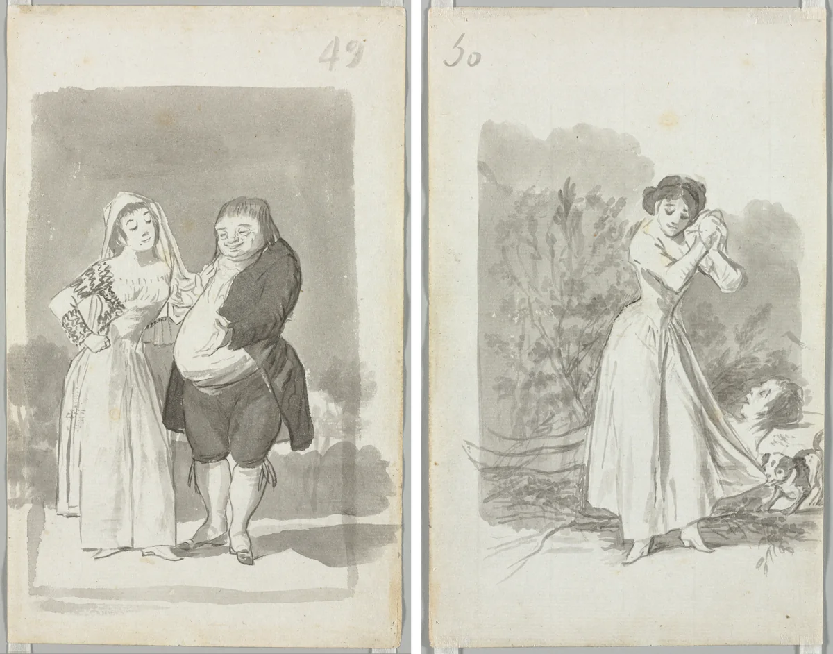 Young Woman (possibly a Sex Worker) with a Man (recto); Young Woman Wringing Her Hands over a Man's Naked Body (verso) by Francisco de Goya, drawing, 1796-1797