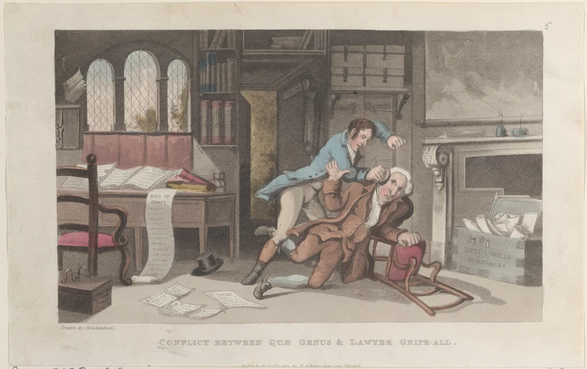 Conflict Between Quae Genus and Lawyer Gripe-all by Thomas Rowlandson, print, 1821