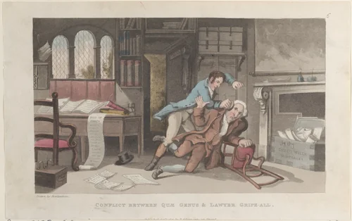 Conflict Between Quae Genus and Lawyer Gripe-all by Thomas Rowlandson, print, 1821