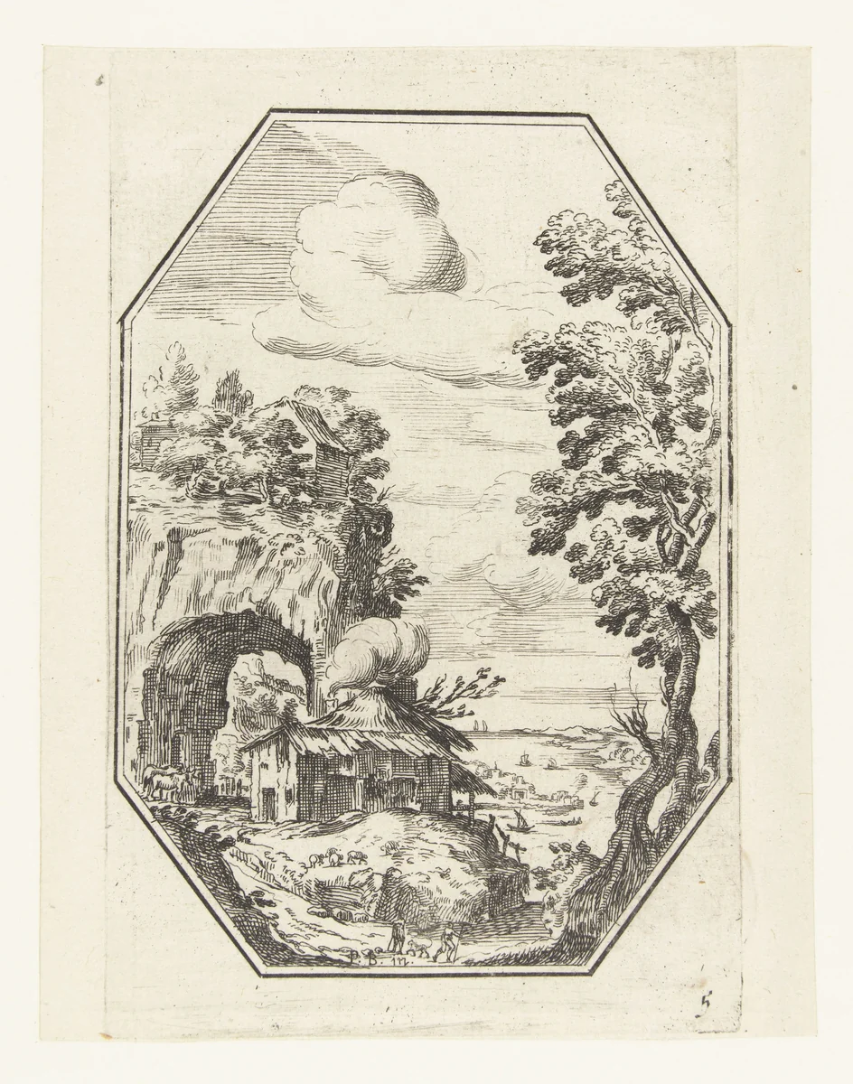 Landschap met boerderij in octagonaal kader by anonymous, print, 1582-1700