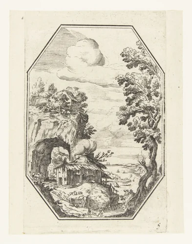 Landschap met boerderij in octagonaal kader by anonymous, print, 1582-1700