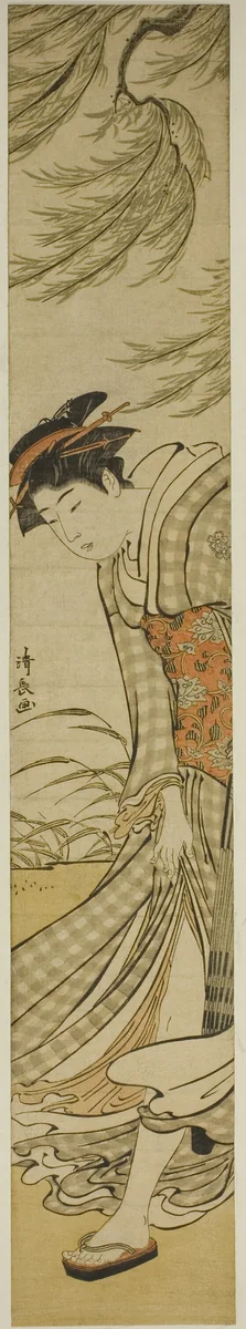 Courtesan Walking Under a Willow Tree on a Breezy Day by Torii Kiyonaga (鳥居清長), print, 1752-1815