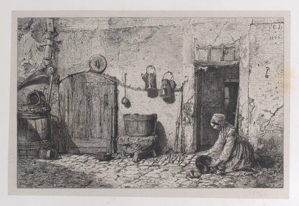 Scrubbing Woman by Charles Jacque, print, 1844