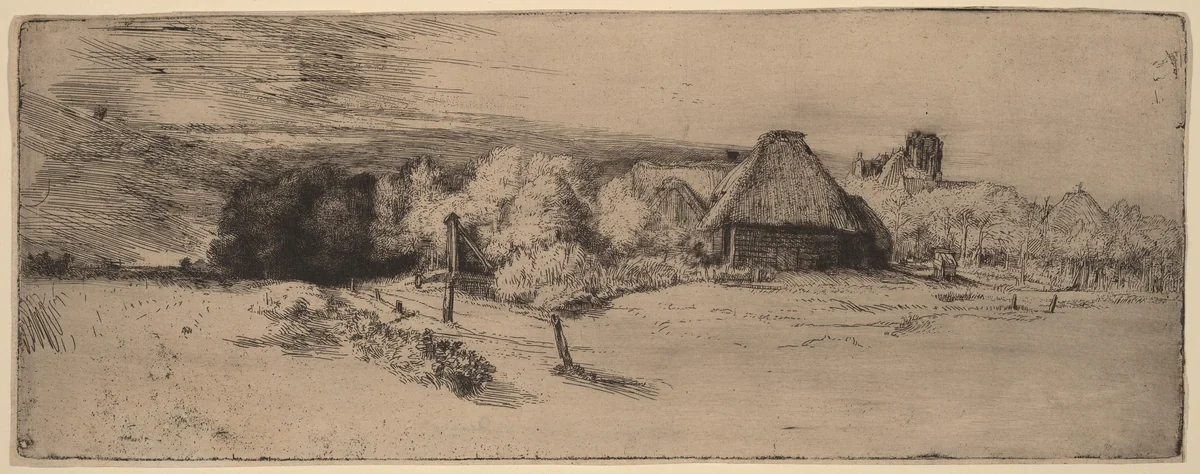 Landscape with Trees, Farm Buildings and a Tower by Rembrandt van Rijn, print, 1651