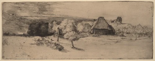 Landscape with Trees, Farm Buildings and a Tower by Rembrandt van Rijn, print, 1651