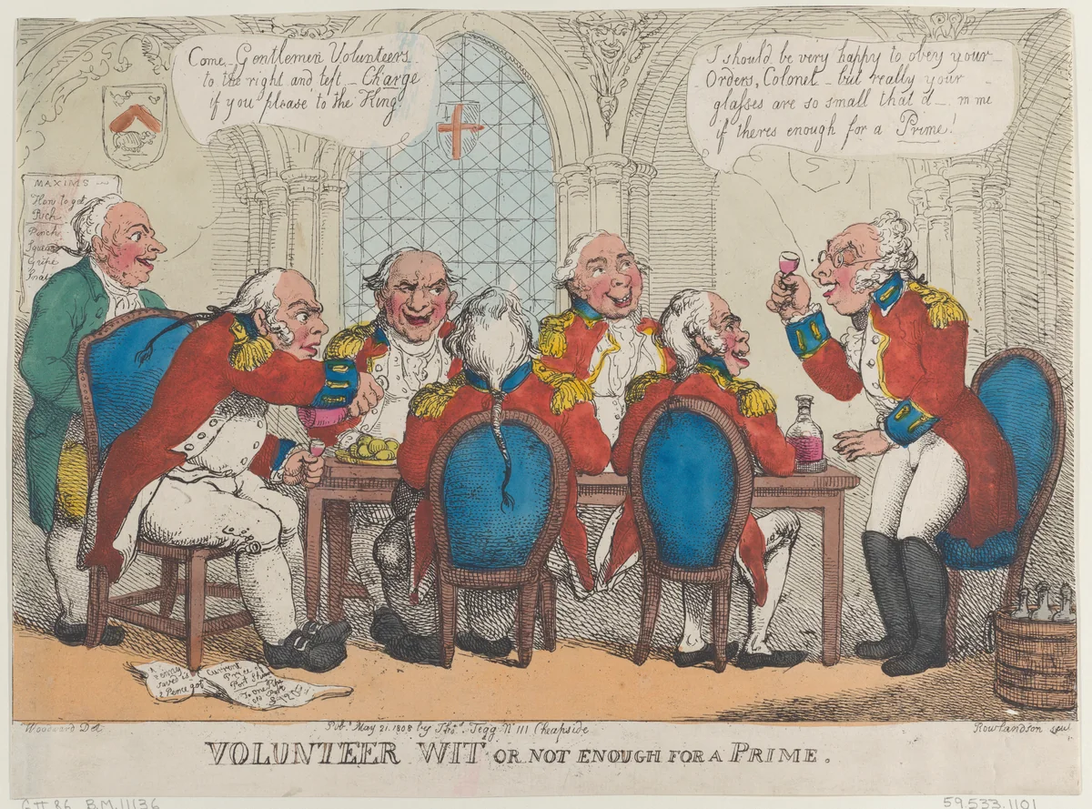 Volunteer Wit or Not Enough for a Prime by Thomas Rowlandson, print, 1808