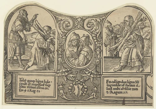 Abraham met Isaak en de weduwe van Zarfath by Unknown, print, 1518-1522