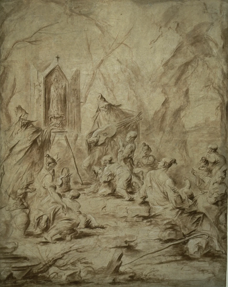 Ballad Singer at a Shrine of the Virgin by Alessandro Magnasco, drawing, 1720-1725