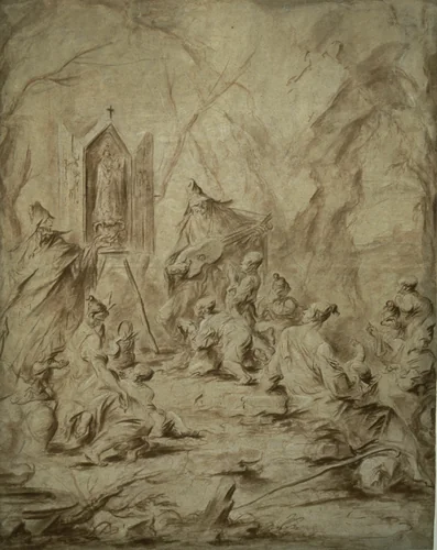 Ballad Singer at a Shrine of the Virgin by Alessandro Magnasco, drawing, 1720-1725
