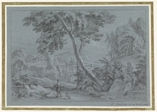 Landschap met wandelaar met hond by Frans Boudewijns, drawing, 1748